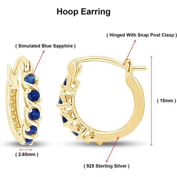 Gold Plated Blue Sapphire Hoop Earrings Sterling Silver Dainty Jewelry Gift - Picture 2 of 6